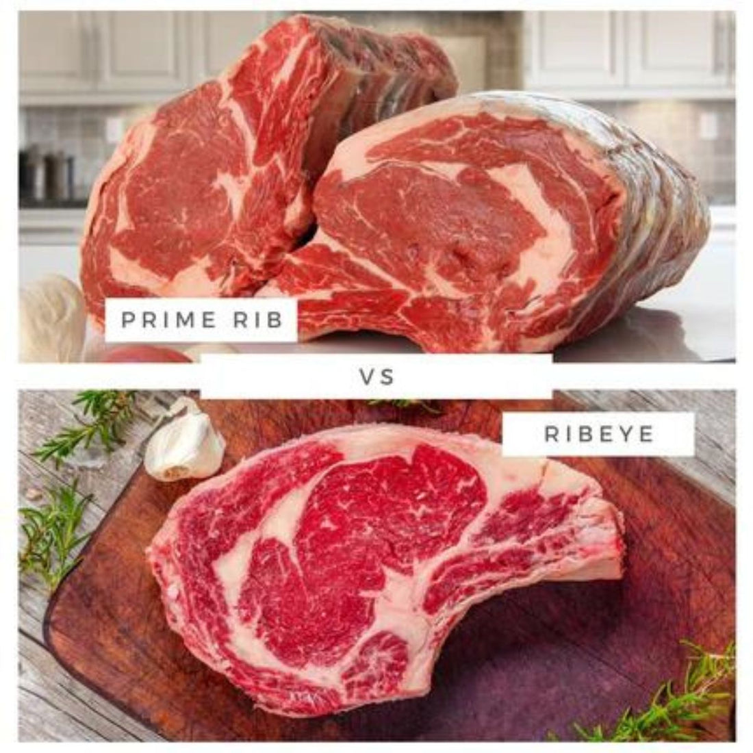 A cooked prime rib and a raw ribeye on a round plate over a wood table top