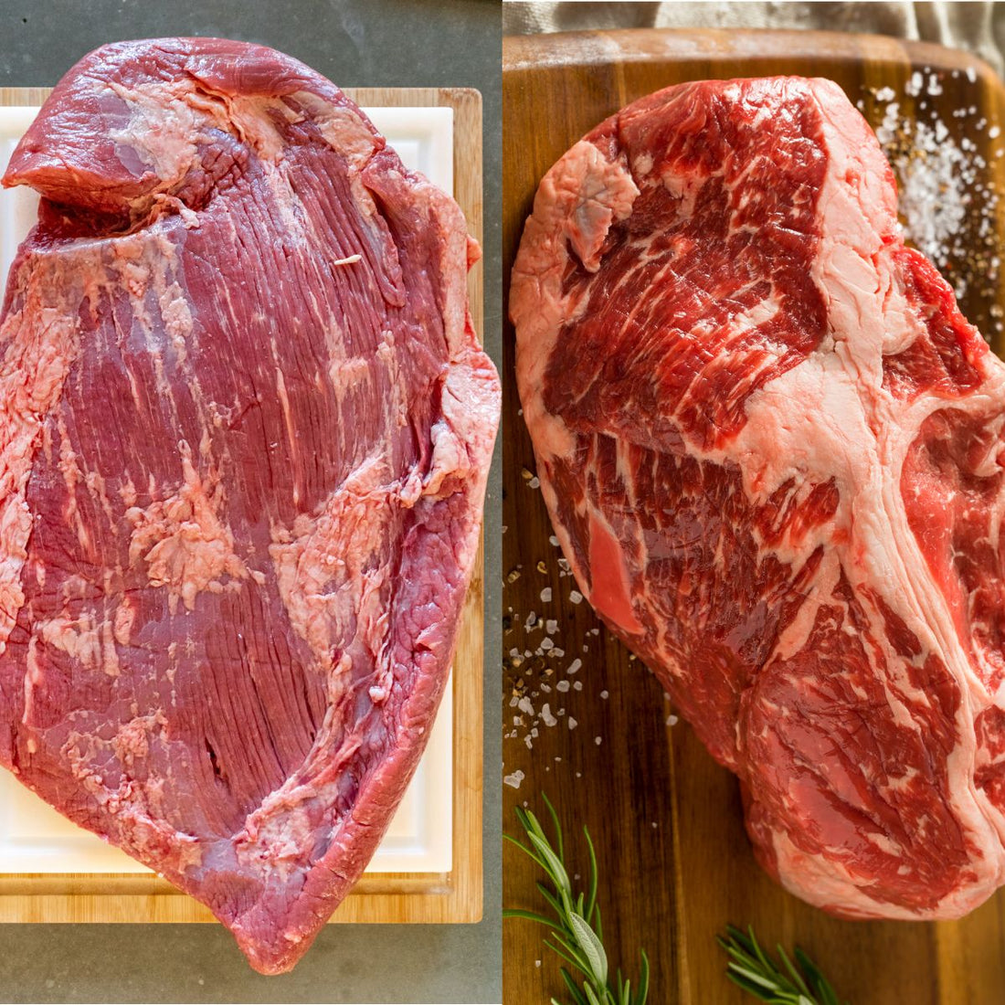 top view of raw chuck roast vs brisket