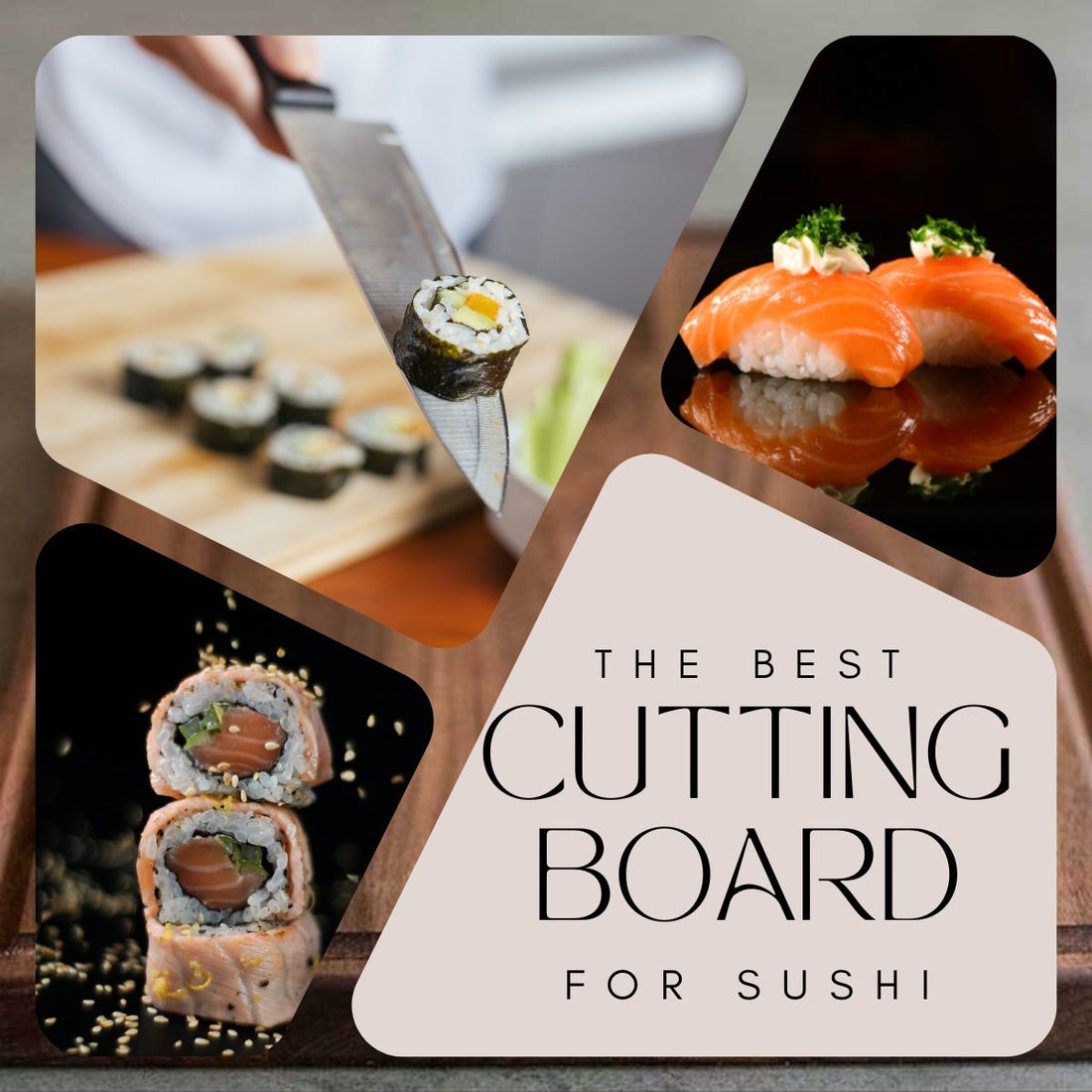 graphic design collage of sushi on cutting boards to show the best cutting board for sushi