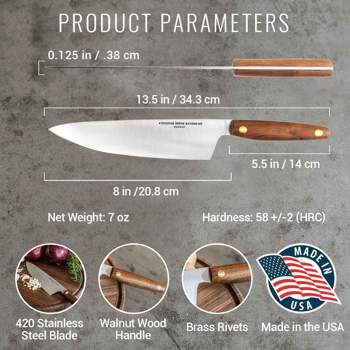 Virginia Boys Kitchens 8 Inch Stainless Steel Chef Knife with Walnut Handle