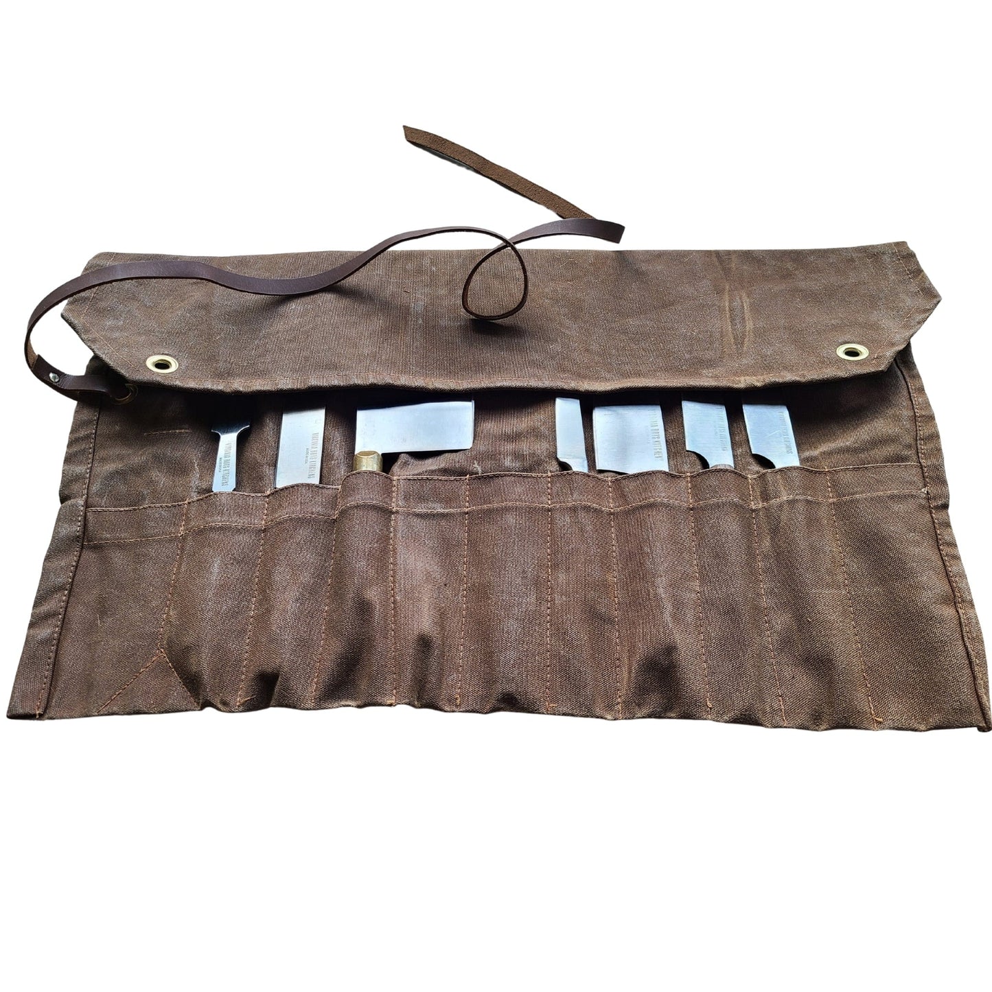 Waxed canvas knife roll with Virginia Boys Kitchens knives
