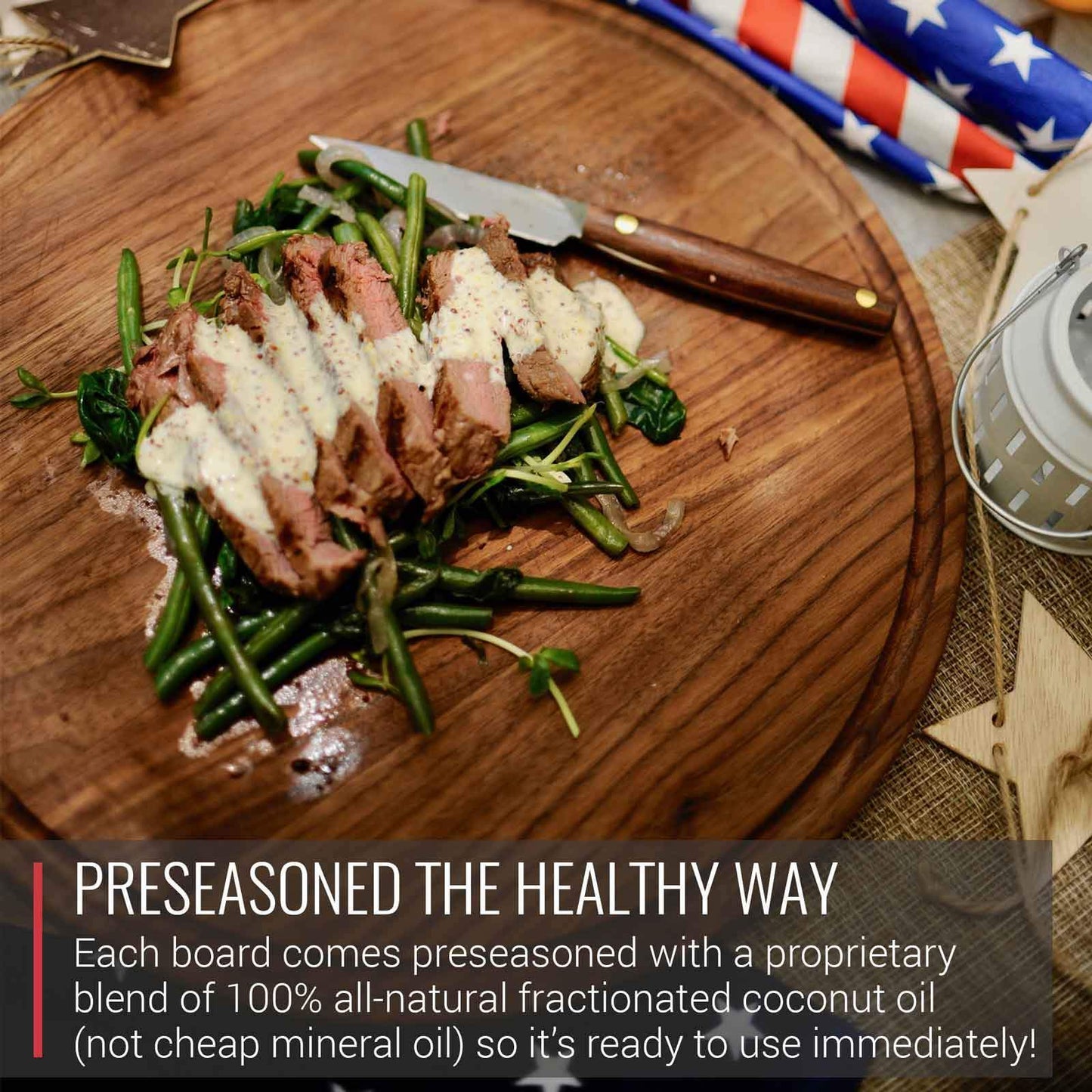 Preseasoned food safe cutting board with steak and string beans