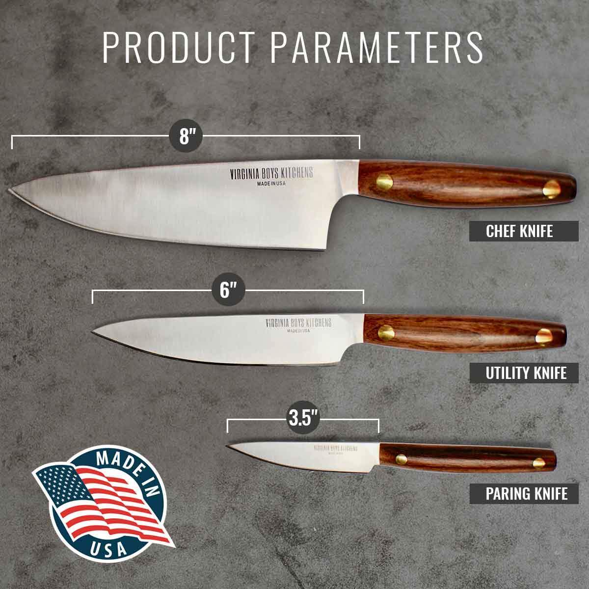 Virginia Boys Kitchens Knife 3 Piece Stainless Steel Chef Knife Set with Walnut Wood Handles