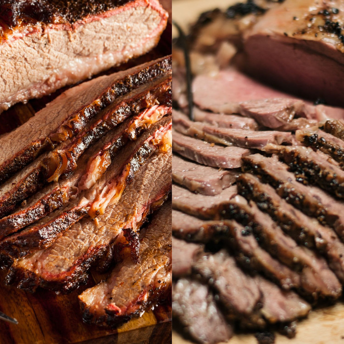 cooked brisket next to cooked roast beef to demonstrate brisket vs chuck roast