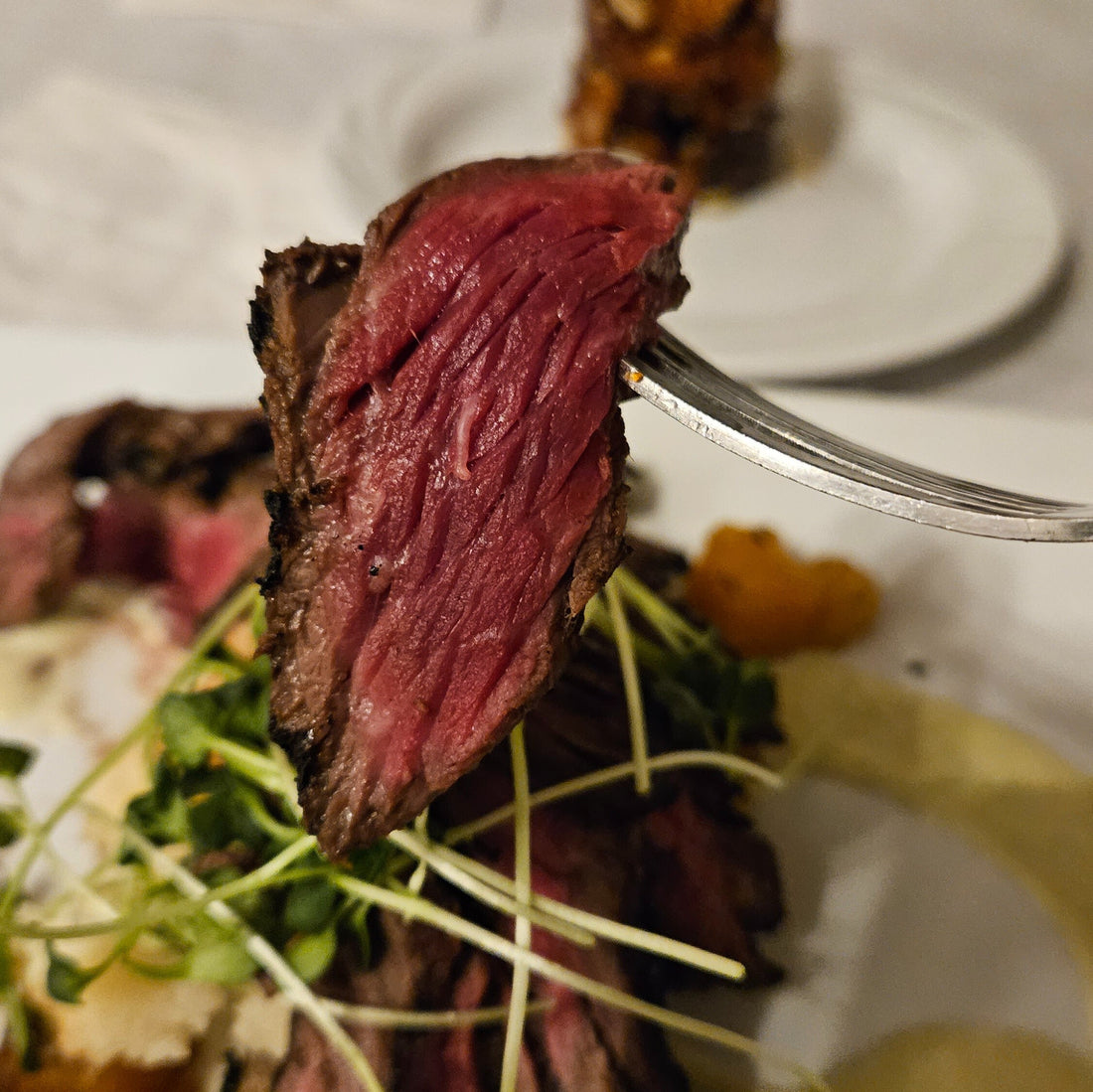 A slice of grilled skirt steak on a fork over a plate of skirt steak and salad