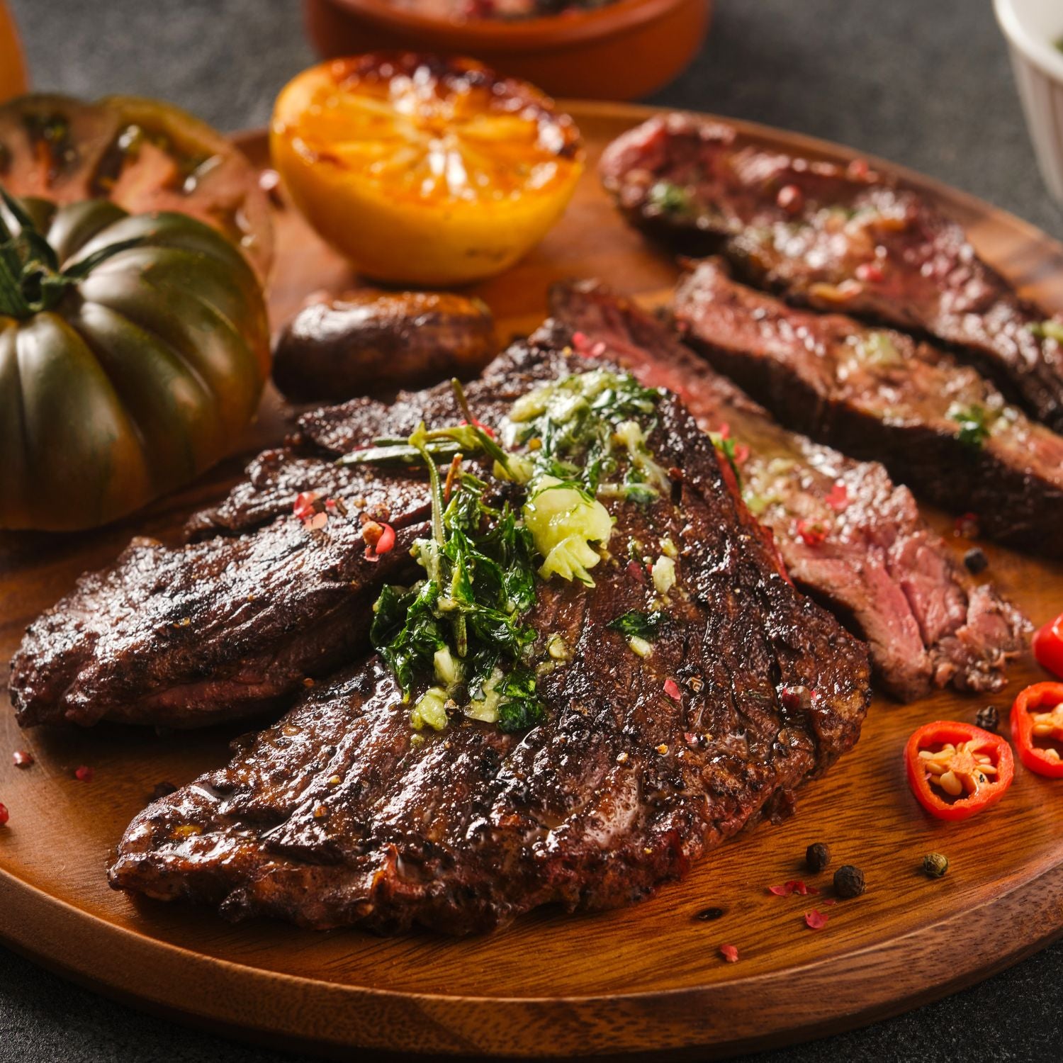 grilled hanger steak on a round wooden cutting board to show what is a hanger steak