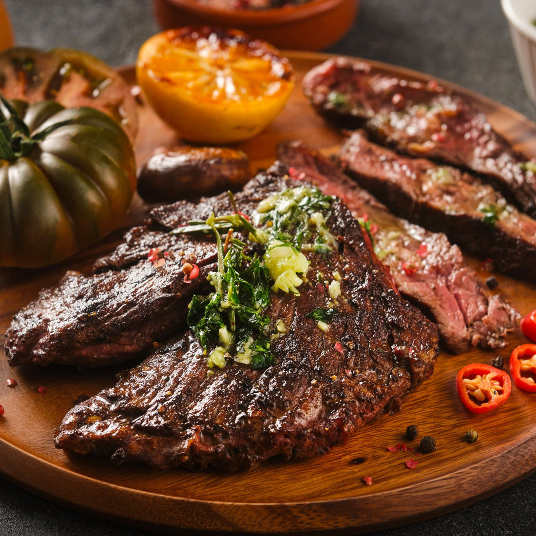 grilled hanger steak on a round wooden cutting board to show what is a hanger steak