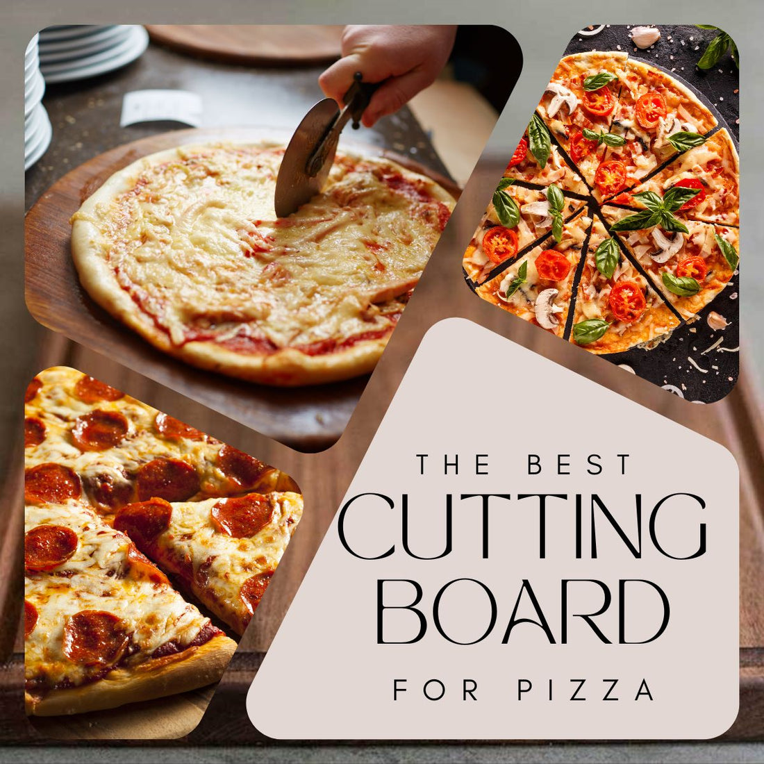 graphic design collage of pizzas on cutting boards to show the best cutting board for pizza