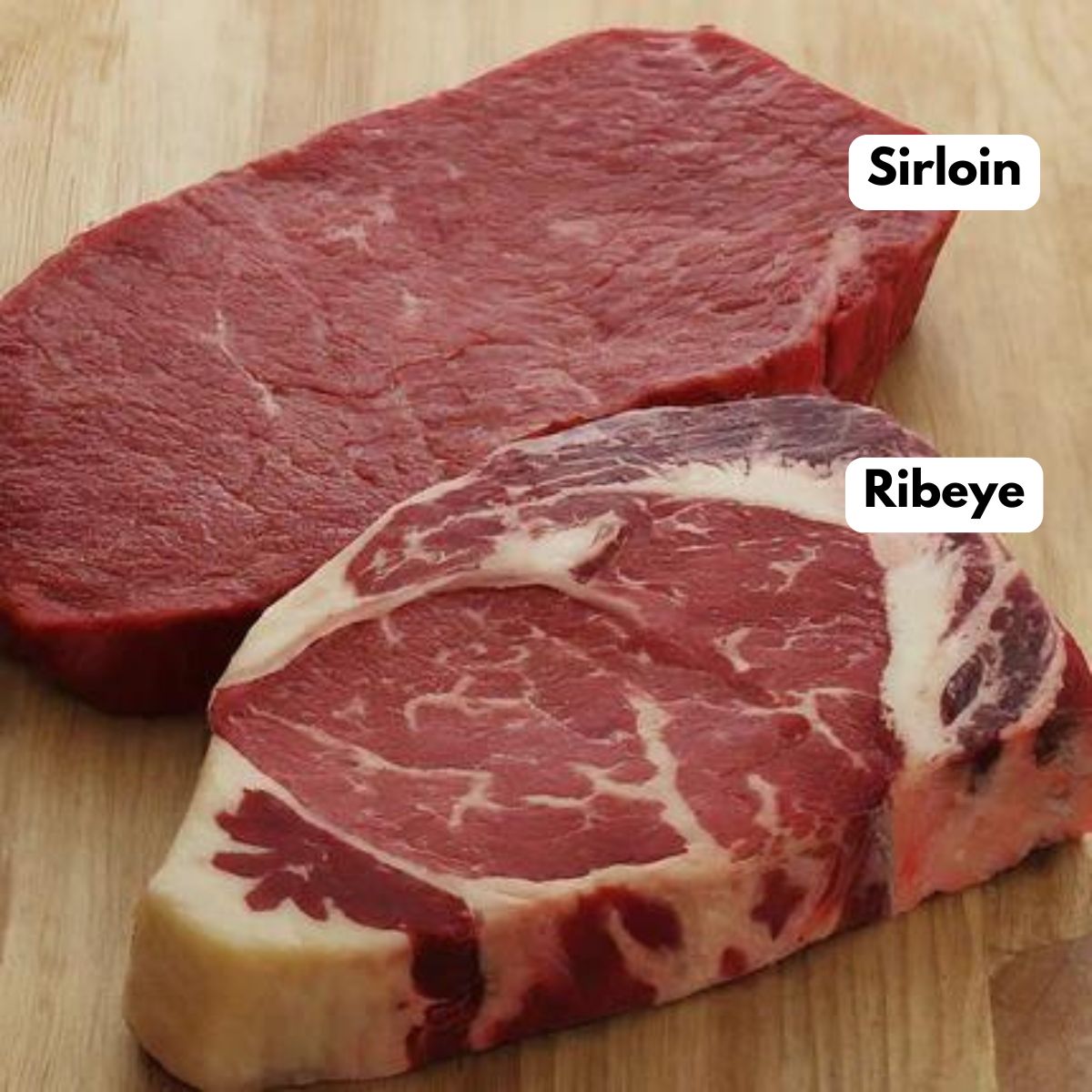 A raw sirloin and ribeye steak side by side photo