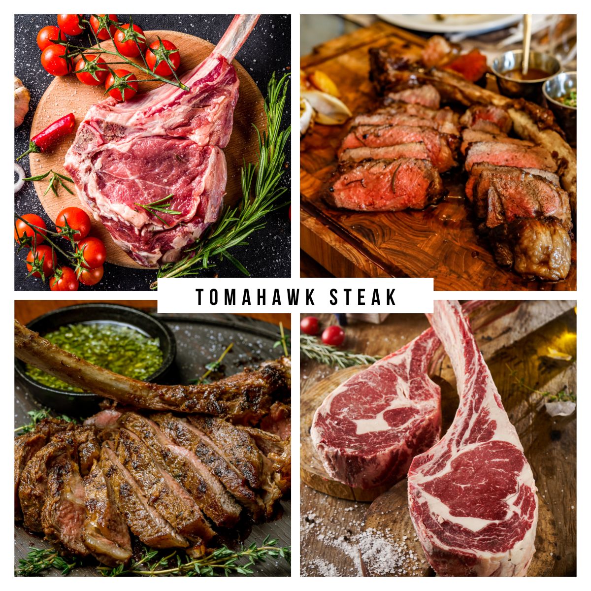 collage of raw and cooked tomahawk steak to show how much does a tomahawk steak cost