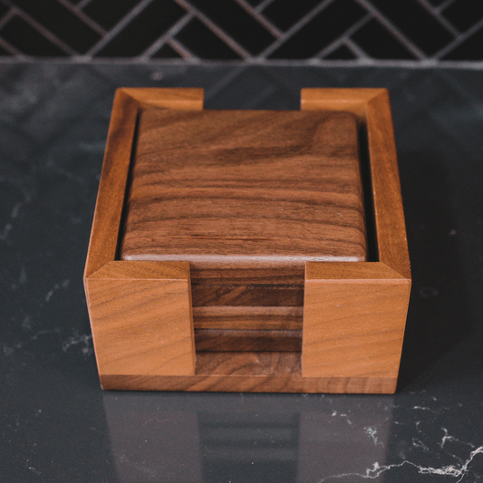 Walnut Coasters - Set of 4 With Holder and Cork Bottom