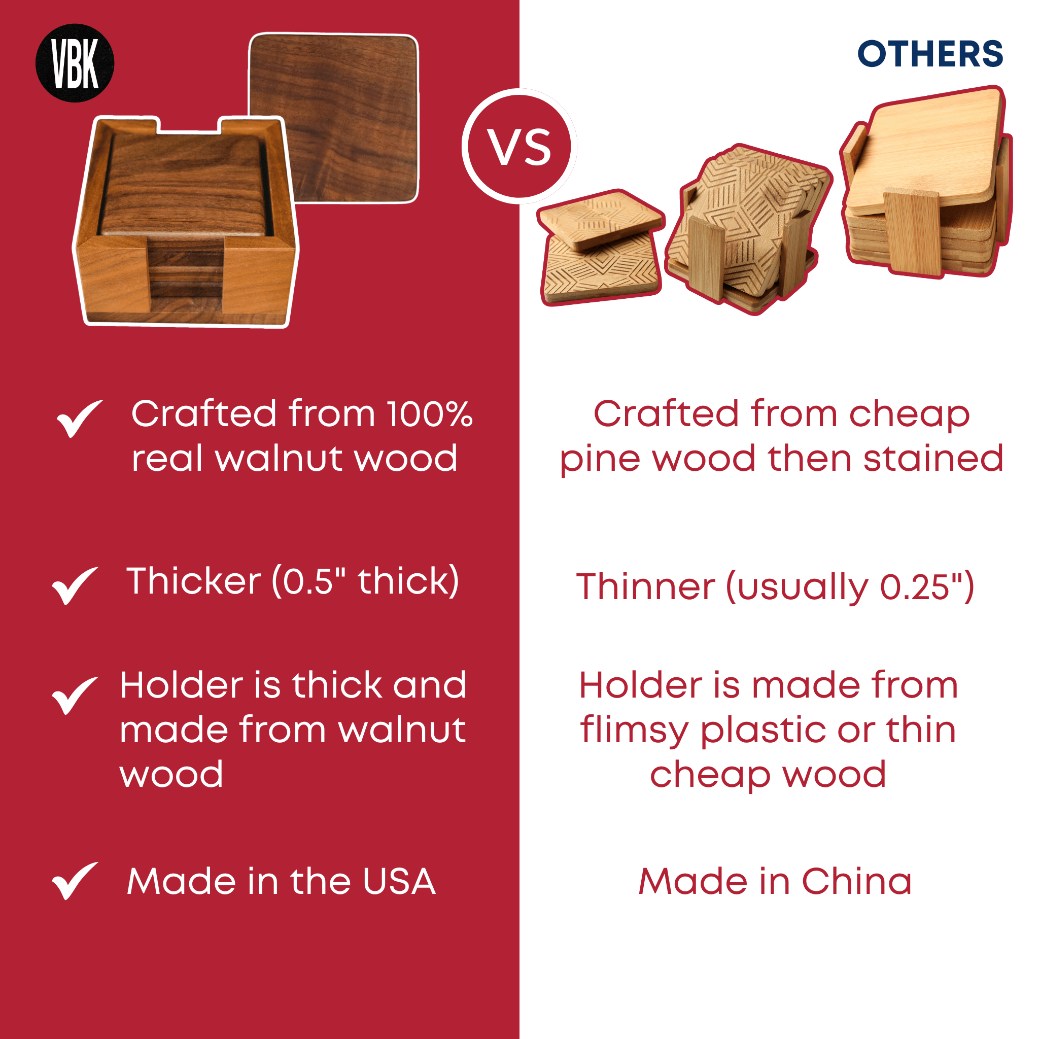 Walnut Coasters - Set of 4 With Holder and Cork Bottom