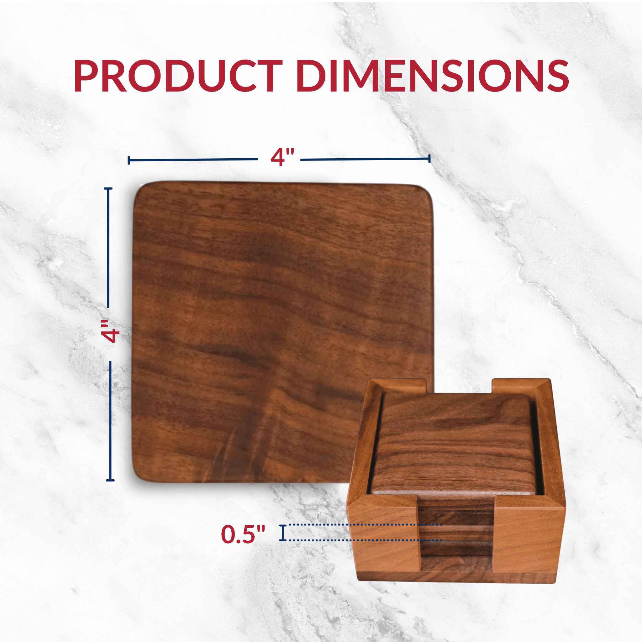 Walnut Coasters - Set of 4 With Holder and Cork Bottom