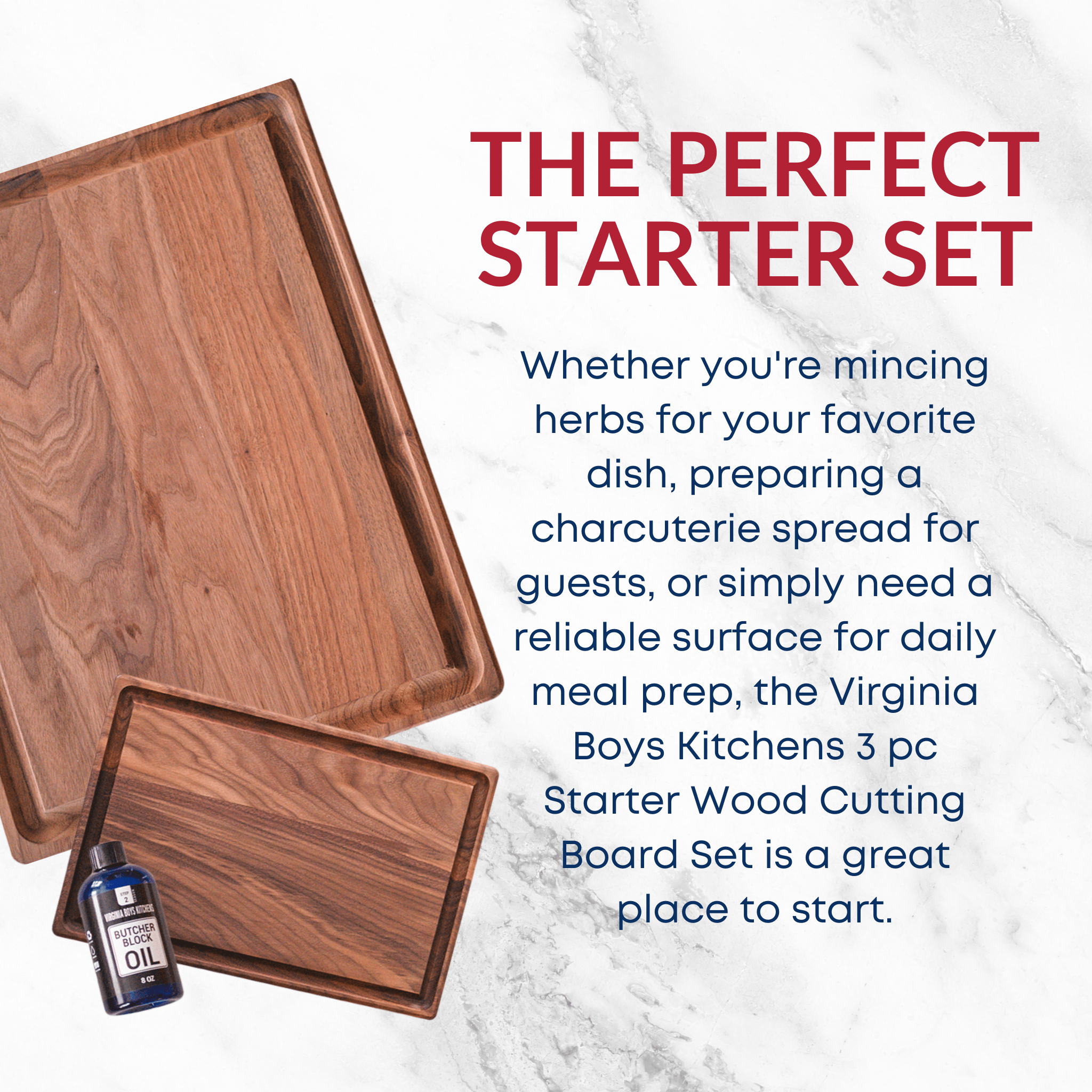 Starter Wood Cutting Board Set (3 items) - 2 Boards, plus Oil