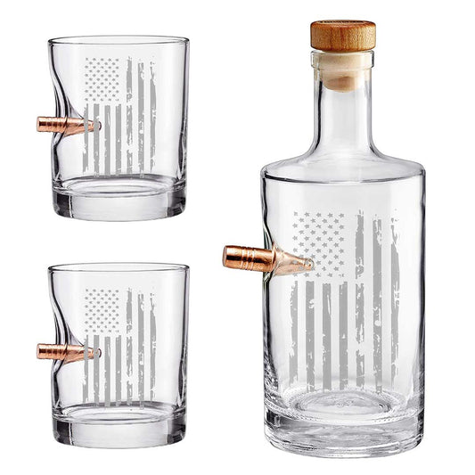 BenShot Patriotic Decanter and Two Rocks Glasses with Bullet Gift Set Whiskey glass