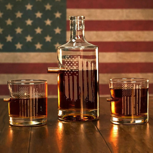 BenShot Patriotic Decanter and Two Rocks Glasses with Bullet Gift Set Whiskey glass