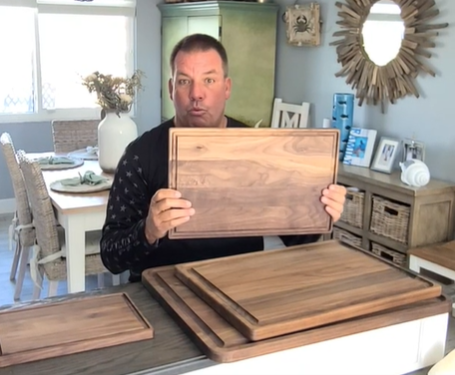 Virginia Boys Kitchens Medium 17x11 walnut wood cutting board explainer video
