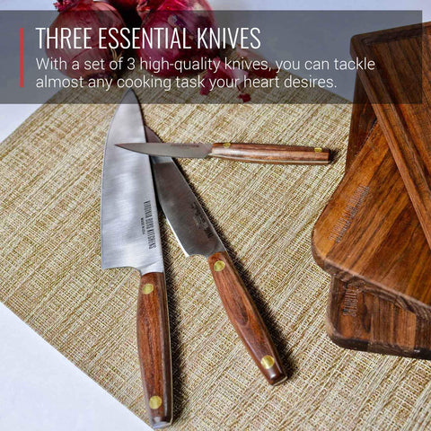 Virginia Boys Kitchens Knife 3 Piece Stainless Steel Chef Knife Set with Walnut Wood Handles