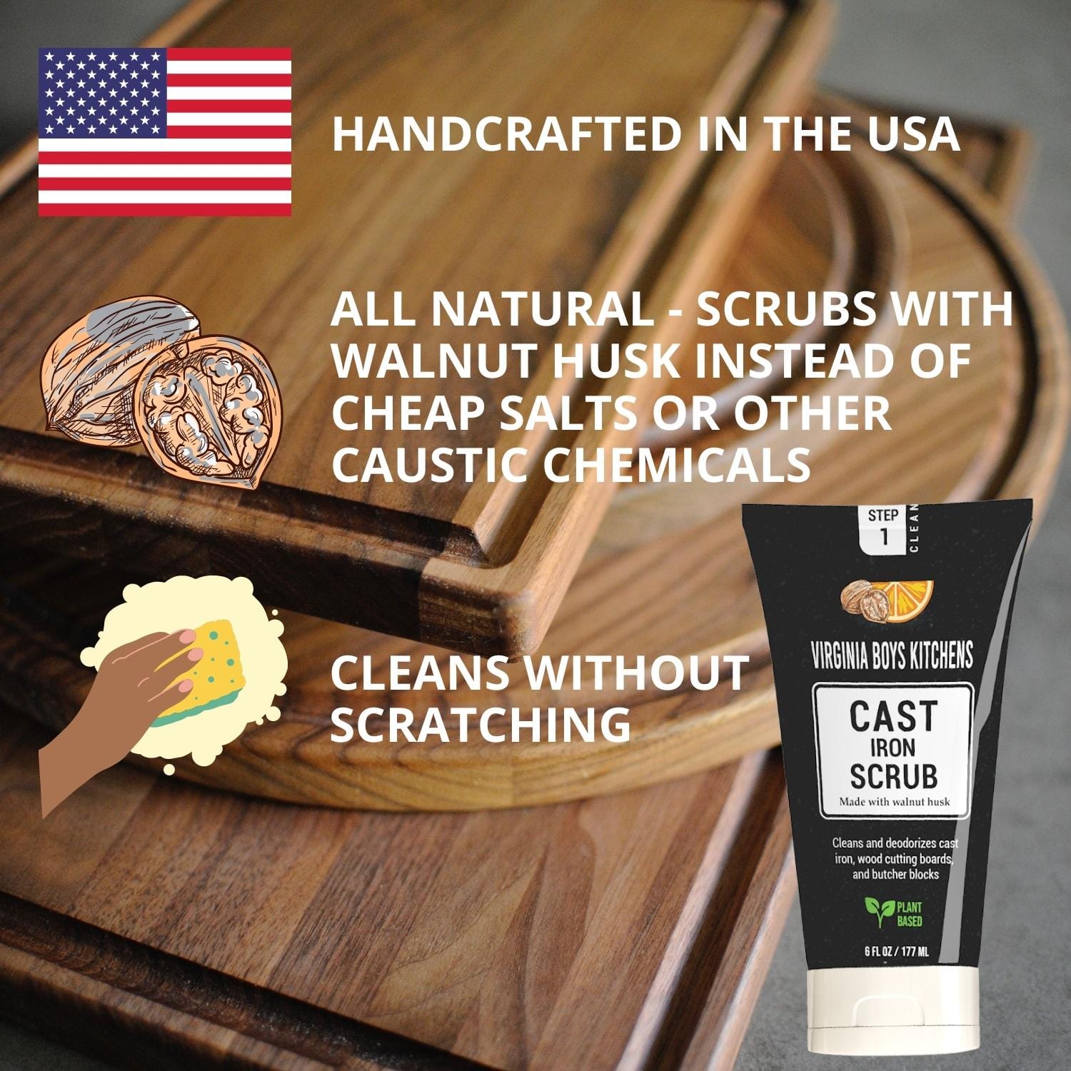 Virginia Boys Kitchens **NEW!** Cast Iron Scrub - made with All Natural Walnut Husk & Orange Essential Oils wood care
