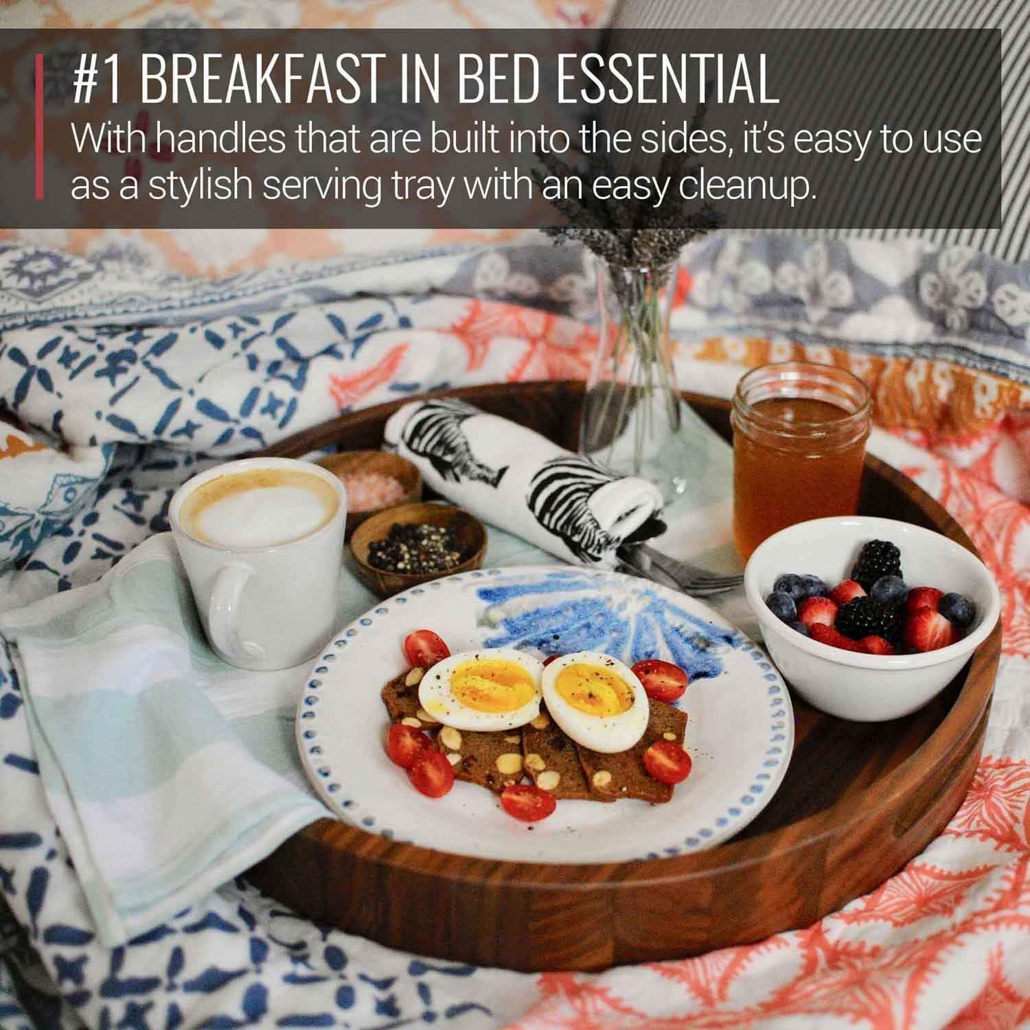 Virginia Boys Kitchens Serving Tray 16.5 Inch Round Walnut Wood Serving and Coffee Table Tray with Handles