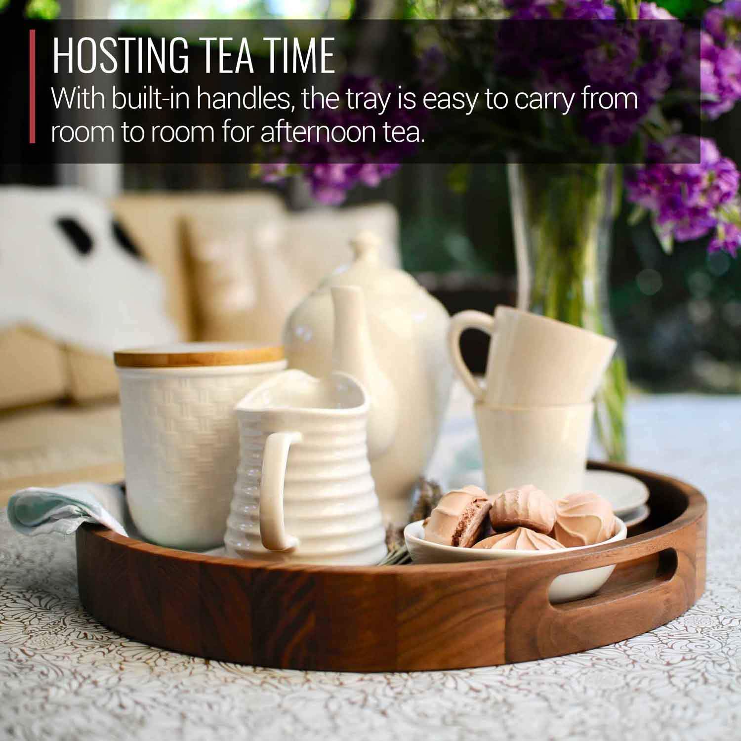 Virginia Boys Kitchens Serving Tray 16.5 Inch Round Walnut Wood Serving and Coffee Table Tray with Handles