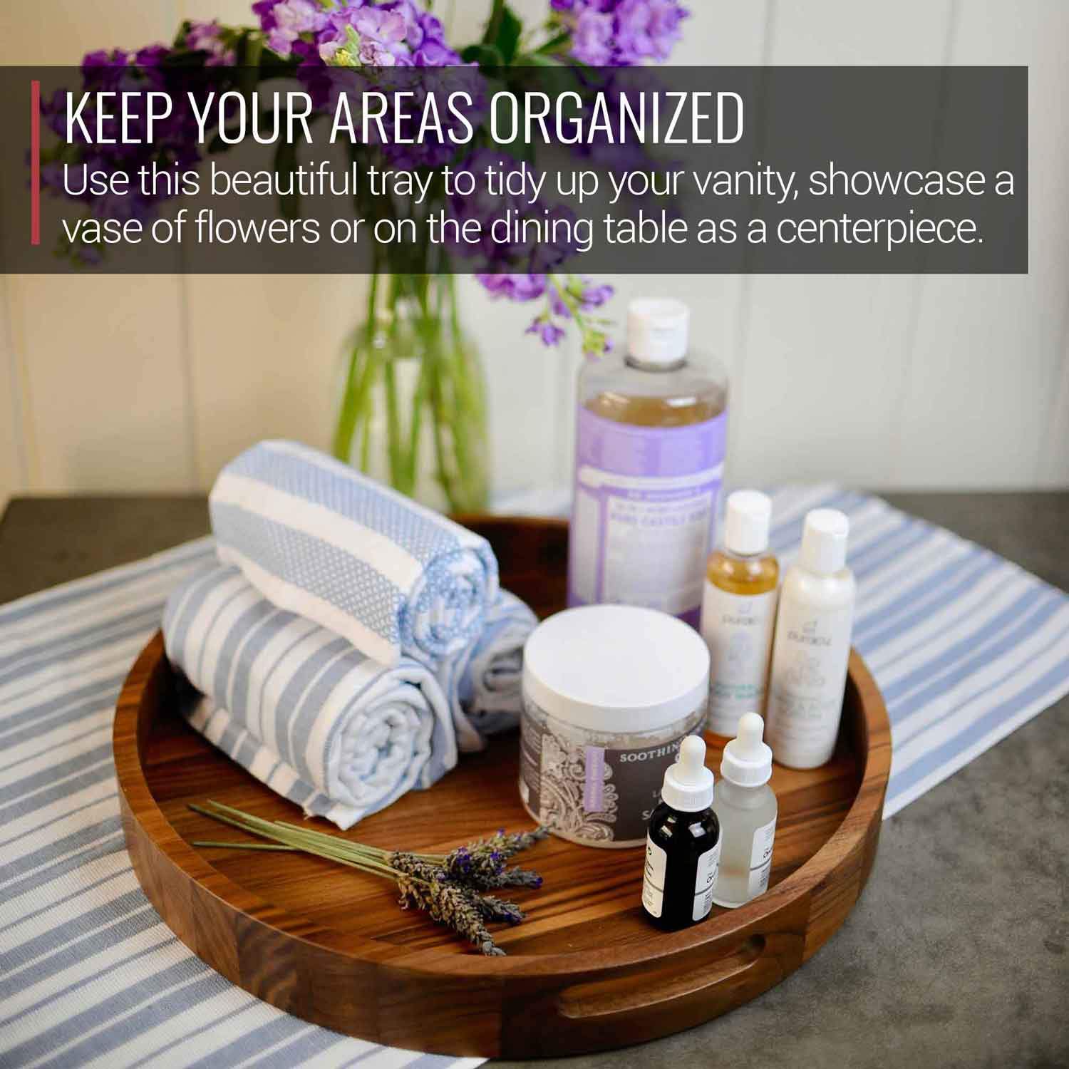 Virginia Boys Kitchens Serving Tray 16.5 Inch Round Walnut Wood Serving and Coffee Table Tray with Handles