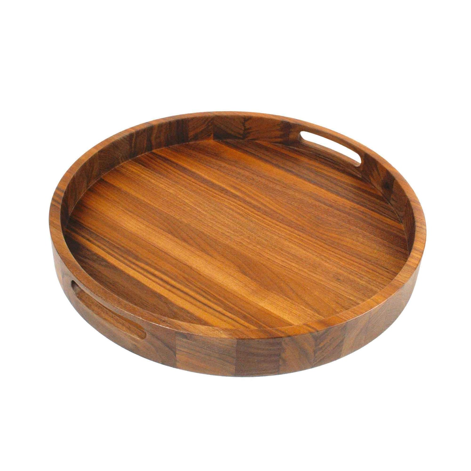 16.5 Inch Round Walnut Wood Serving and Coffee Table Tray with Handles