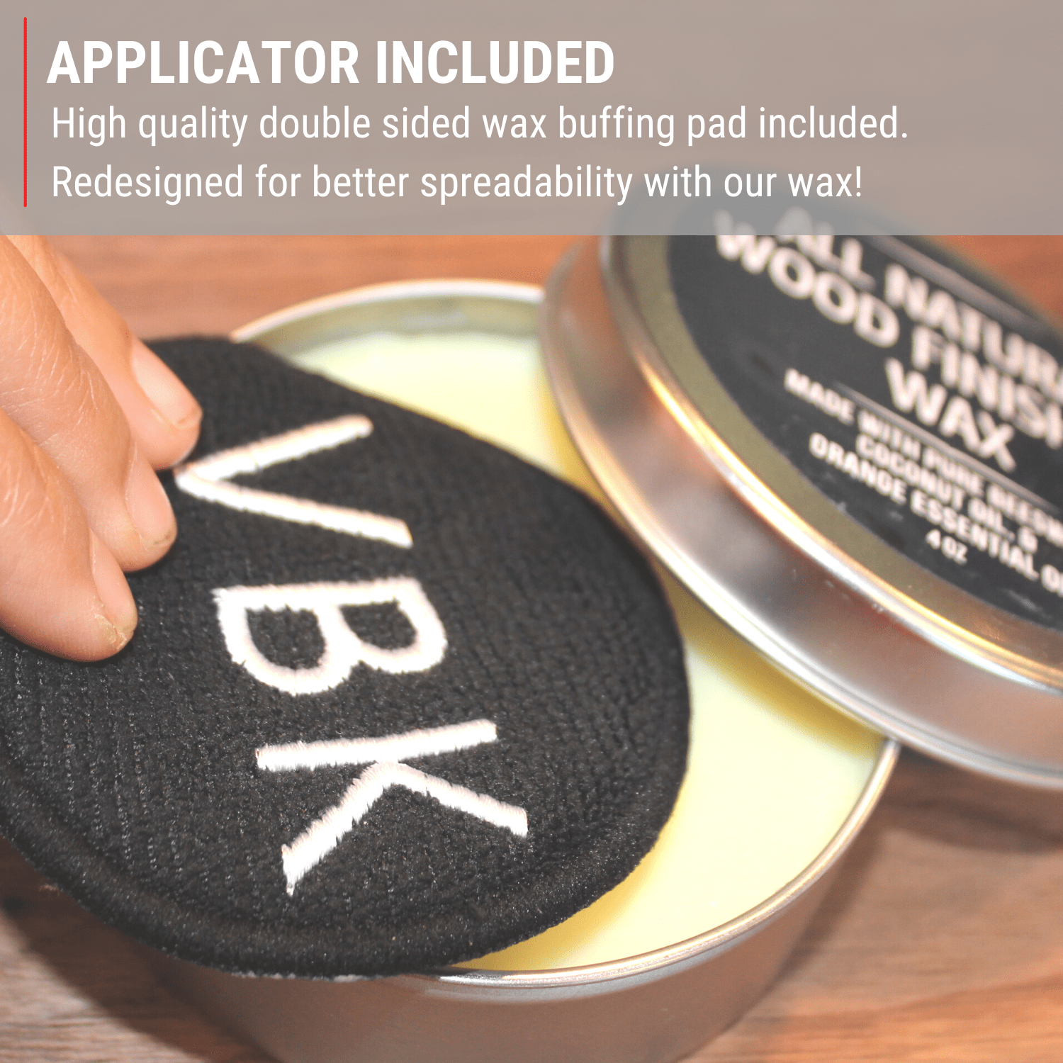 4oz tin of natural coconut oil and beeswax with soft buffing pad included